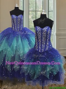 Custom Made Three Piece Multi-color Sleeveless Floor Length Beading and Ruffles Lace Up 15 Quinceanera Dress