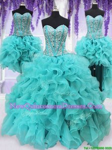 Deluxe Four Piece Aqua Blue Vestidos de Quinceanera Military Ball and Sweet 16 and Quinceanera and For withBeading and Ruffles Sweetheart Sleeveless Lace Up