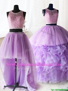 Stunning Three Piece Scoop Lilac Ball Gowns Beading and Lace and Ruffles Vestidos de Quinceanera Zipper Organza and Tulle Sleeveless With Train
