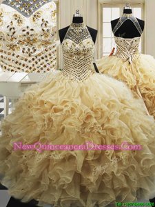 Sleeveless With Train Beading and Ruffles Lace Up Quinceanera Gowns with Champagne Sweep Train