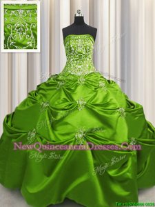 Spring Green Ball Gowns Taffeta Strapless Sleeveless Beading and Appliques and Embroidery Floor Length Lace Up Ball Gown Prom Dress