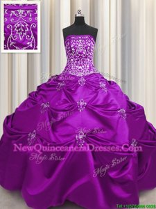 Clearance Floor Length Eggplant Purple Sweet 16 Dresses Taffeta Sleeveless Spring and Summer and Fall and Winter Beading and Appliques and Embroidery