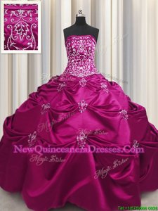 New Arrival Embroidery Strapless Sleeveless Lace Up 15th Birthday Dress Fuchsia Taffeta