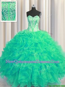 Spectacular Visible Boning Beaded Bodice Floor Length Ball Gowns Sleeveless Turquoise Sweet 16 Quinceanera Dress Lace Up