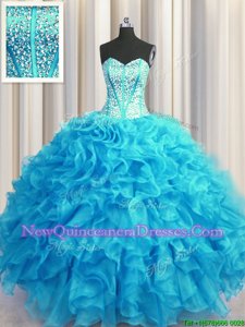 Smart Visible Boning Bling-bling Sleeveless Lace Up Floor Length Beading and Ruffles Quinceanera Gown