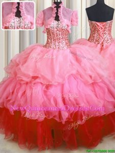 Exceptional Visible Boning Bling-bling Rose Pink Sweetheart Lace Up Beading and Ruffled Layers Quinceanera Dress Sleeveless