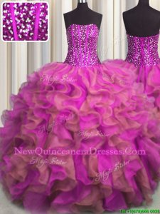 Top Selling Visible Boning Beaded Bodice Strapless Sleeveless Organza Quinceanera Gown Beading and Ruffles Lace Up