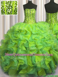 Customized Visible Boning Beaded Bodice Sleeveless Organza Floor Length Lace Up Ball Gown Prom Dress inMulti-color withBeading and Ruffles