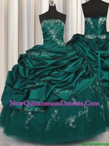 Colorful Peacock Green 15 Quinceanera Dress Military Ball and Sweet 16 and Quinceanera and For withBeading and Appliques and Embroidery and Pick Ups Strapless Sleeveless Lace Up