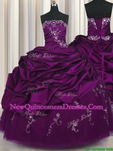 Hot Selling Purple Ball Gowns Taffeta Strapless Sleeveless Beading and Embroidery and Pick Ups Floor Length Lace Up Sweet 16 Quinceanera Dress