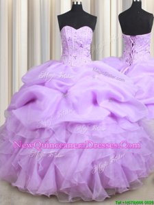 On Sale Visible Boning Sleeveless Lace Up Floor Length Beading and Ruffles and Pick Ups Quinceanera Dress