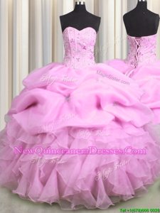 Fitting Visible Boning Organza Sweetheart Sleeveless Lace Up Beading and Ruffles and Pick Ups Quinceanera Dresses inLilac