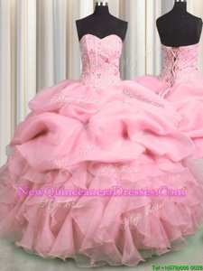 Popular Pick Ups Visible Boning Floor Length Rose Pink Sweet 16 Dress Sweetheart Sleeveless Lace Up