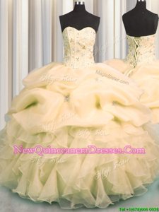 Spectacular Visible Boning Yellow Lace Up Sweet 16 Dress Beading and Ruffles and Pick Ups Sleeveless Floor Length