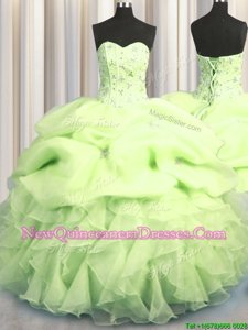 Best Selling Visible Boning Yellow Green Sweet 16 Dress Military Ball and Sweet 16 and Quinceanera and For withBeading and Ruffles and Pick Ups Sweetheart Sleeveless Lace Up