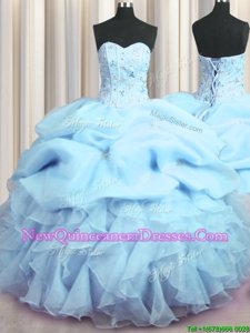 Fine Visible Boning Baby Blue Sleeveless Beading and Ruffles and Pick Ups Floor Length Quince Ball Gowns