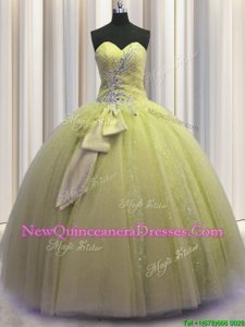 Sleeveless Tulle Floor Length Lace Up Quince Ball Gowns inLight Yellow withBeading and Sequins and Bowknot