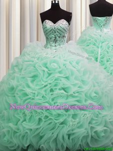 Elegant Brush Train Sweetheart Sleeveless Lace Up Ball Gown Prom Dress Apple Green Fabric With Rolling Flowers