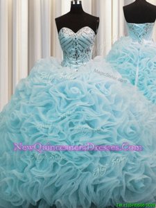 New Arrival Rolling Flowers Aqua Blue Ball Gown Prom Dress Military Ball and Sweet 16 and Quinceanera and For withBeading and Pick Ups Sweetheart Sleeveless Brush Train Lace Up