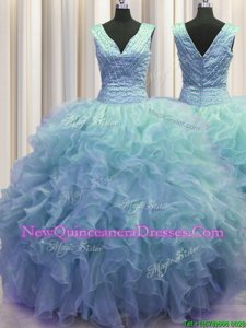 Sweet V Neck Zipper Up Floor Length Zipper Sweet 16 Quinceanera Dress Baby Blue and In for Military Ball and Sweet 16 and Quinceanera withRuffles