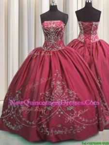 Fashion Coral Red Strapless Lace Up Beading and Embroidery Quince Ball Gowns Sleeveless