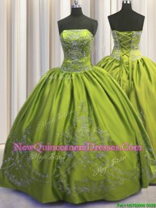 Eye-catching Olive Green Ball Gowns Beading and Embroidery Sweet 16 Dresses Lace Up Taffeta Sleeveless Floor Length