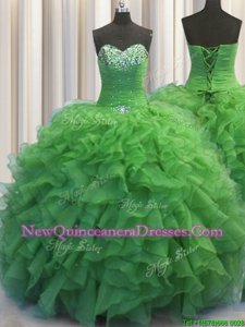 Flirting Beaded Bust Sleeveless Floor Length Beading and Ruffles Lace Up Quinceanera Dress with Green