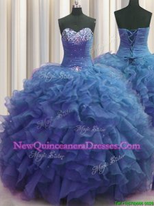 Decent Beaded Bust Sweetheart Sleeveless Lace Up Sweet 16 Dresses Blue Organza