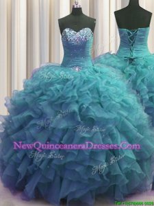 Glittering Beaded Bust Teal Sweetheart Lace Up Beading and Ruffles Quinceanera Gowns Sleeveless