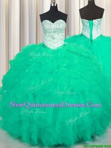 Beauteous Apple Green Ball Gowns Tulle Sweetheart Sleeveless Beading and Ruffles Floor Length Lace Up Sweet 16 Dress