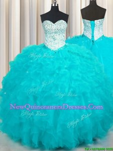 Eye-catching Aqua Blue Ball Gowns Tulle Sweetheart Sleeveless Beading and Ruffles Floor Length Lace Up Quinceanera Dress