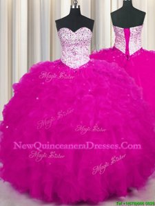 Fuchsia Tulle Lace Up Quinceanera Gown Sleeveless Floor Length Beading and Ruffles