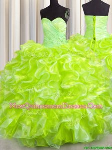 Great Yellow Green Sweetheart Neckline Beading and Ruffles Quinceanera Gowns Sleeveless Lace Up