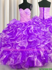 Modern Purple Ball Gowns Organza Sweetheart Sleeveless Beading and Ruffles Floor Length Lace Up 15th Birthday Dress