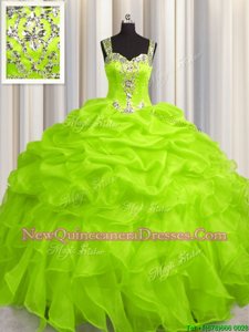 See Through Zipper Up Spring Green Straps Zipper Appliques and Ruffles Sweet 16 Quinceanera Dress Sleeveless