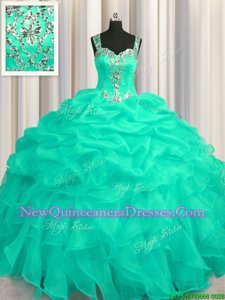 Traditional See Through Zipper Up Turquoise Ball Gowns Straps Sleeveless Organza Floor Length Zipper Appliques and Ruffles Quinceanera Gown