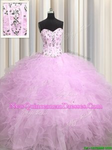 Colorful Visible Boning Lilac Lace Up 15th Birthday Dress Beading and Appliques and Ruffles Sleeveless Floor Length