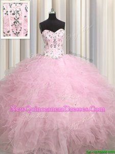 Custom Designed Visible Boning Sleeveless Lace Up Floor Length Beading and Appliques and Ruffles Vestidos de Quinceanera