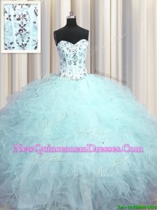 Luxury Visible Boning Sleeveless Floor Length Beading and Appliques and Ruffles Lace Up Sweet 16 Dress with Light Blue