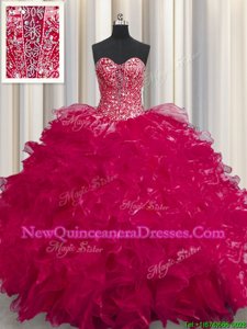 Beauteous See Through Coral Red Ball Gowns Sweetheart Sleeveless Organza Floor Length Lace Up Beading and Ruffles Vestidos de Quinceanera