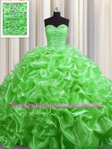 Customized Spring Green Ball Gowns Organza Sweetheart Sleeveless Beading and Pick Ups With Train Lace Up Vestidos de Quinceanera Court Train