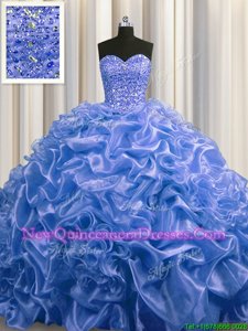 Sleeveless With Train Beading and Pick Ups Lace Up Sweet 16 Dresses with Blue Court Train