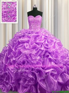 Eye-catching Lavender Sweetheart Lace Up Beading and Pick Ups Quinceanera Gowns Court Train Sleeveless