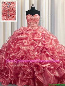 On Sale Watermelon Red Sleeveless Court Train Beading and Pick Ups With Train Quinceanera Dresses