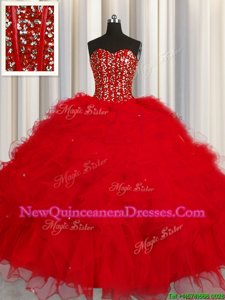 Traditional Visible Boning Red Tulle Lace Up Sweetheart Sleeveless Floor Length Sweet 16 Dress Beading and Ruffles and Sequins