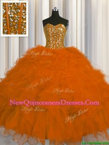 Sophisticated Visible Boning Rust Red Sweetheart Lace Up Beading and Ruffles and Sequins Quinceanera Gown Sleeveless