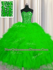 Deluxe Visible Boning Spring and Summer and Fall and Winter Tulle Sleeveless Floor Length 15 Quinceanera Dress andBeading and Ruffles and Sequins