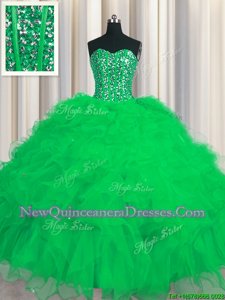 Comfortable Visible Boning Sleeveless Tulle Floor Length Lace Up 15th Birthday Dress inGreen withBeading and Ruffles and Sequins