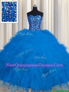 Hot Sale Visible Boning Blue Lace Up Sweet 16 Quinceanera Dress Beading and Ruffles and Sequins Sleeveless Floor Length