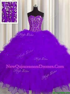 Popular Visible Boning Sleeveless Floor Length Beading and Ruffles and Sequins Lace Up Vestidos de Quinceanera with Purple